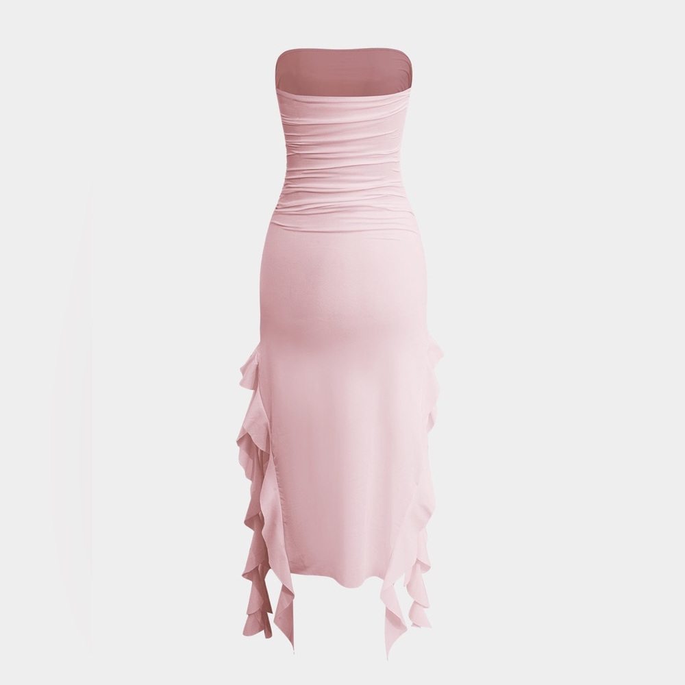 Commense Solid Ruffle Hem Ruched Tube Maxi Dress. Baby Pink size Large - Picture 3 of 9